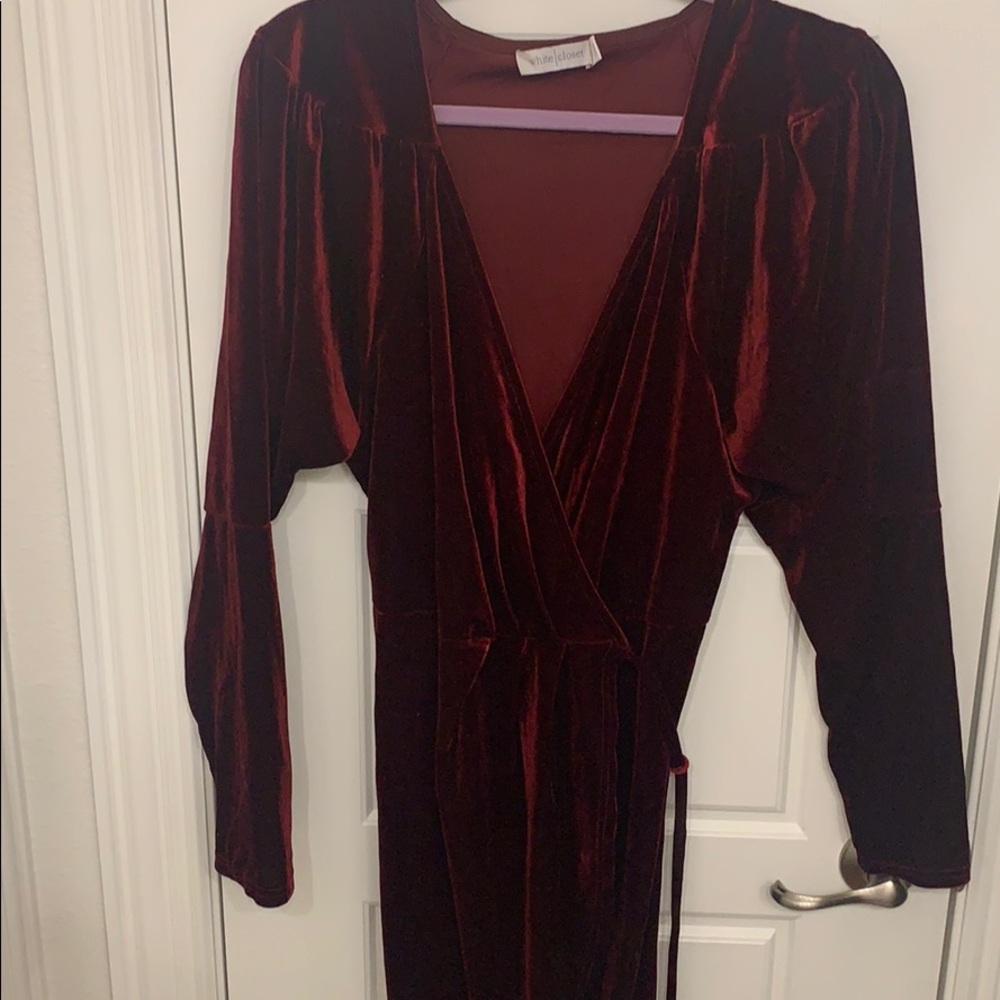 Velvet Long Sleeve Wrap Dress in Rich Red